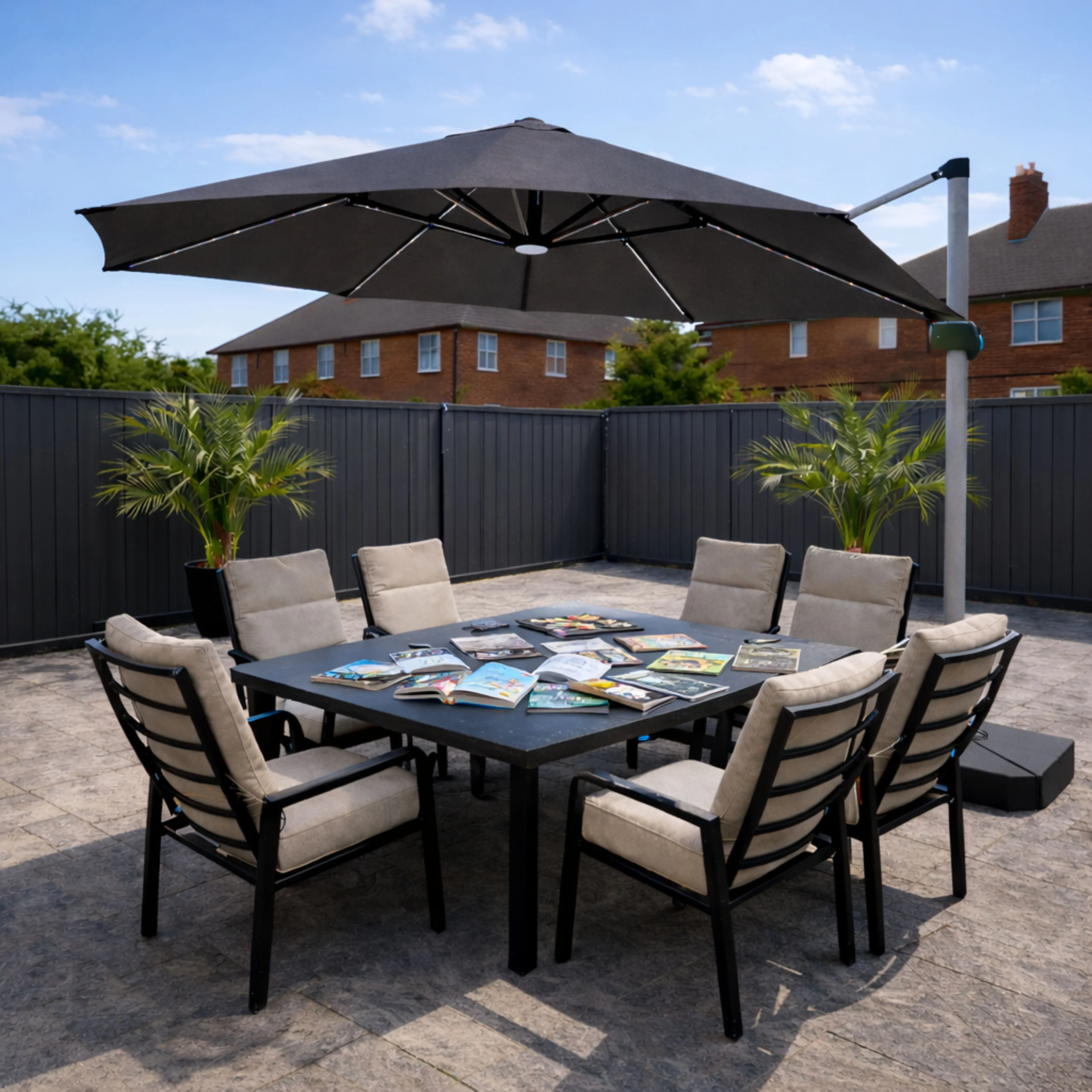 ENJOi Apex 3.5m LED Round Grey Cantilever Parasol with Base - Image 3
