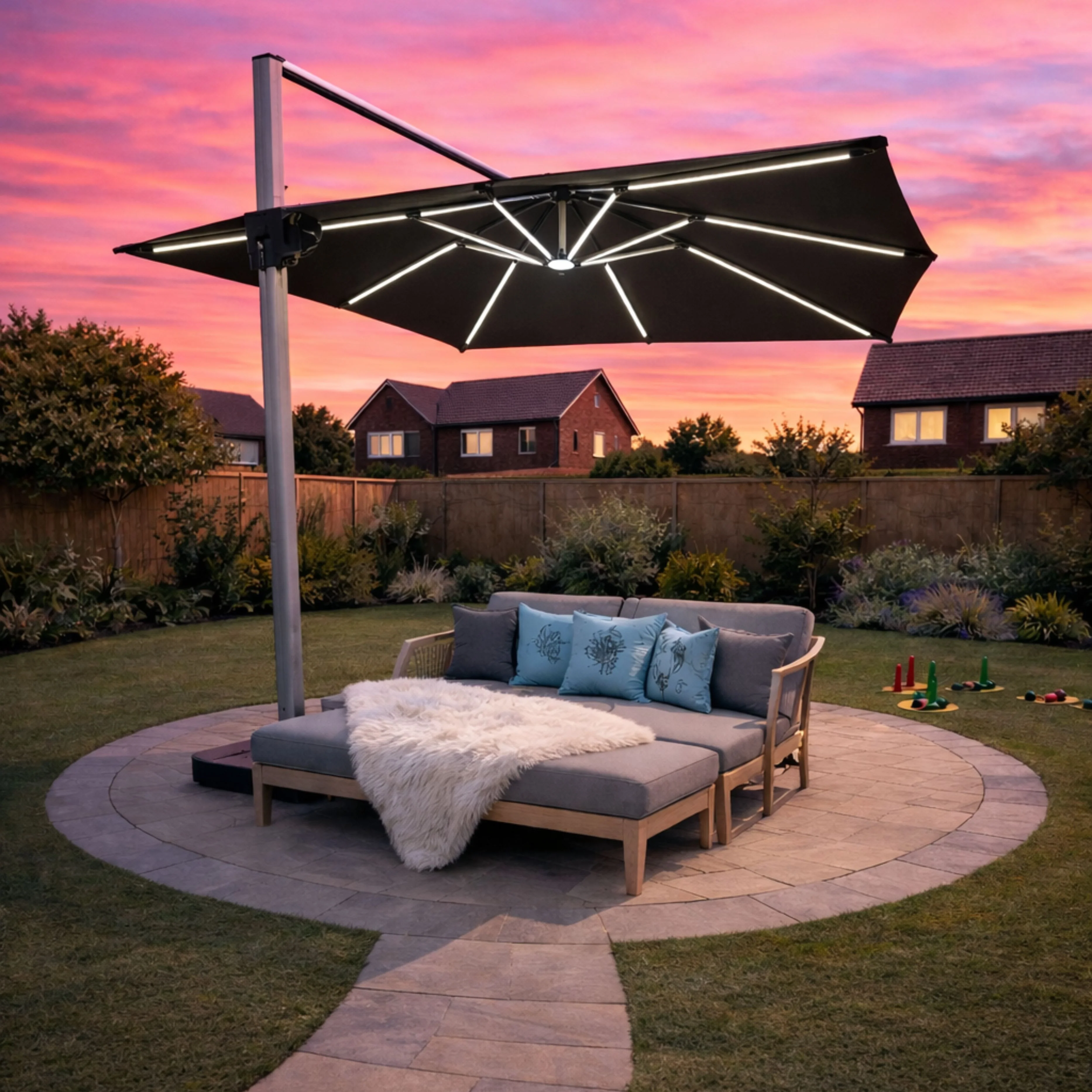 ENJOi Apex 3m x 3m LED Square Grey Cantilever Parasol with Base - Image 2