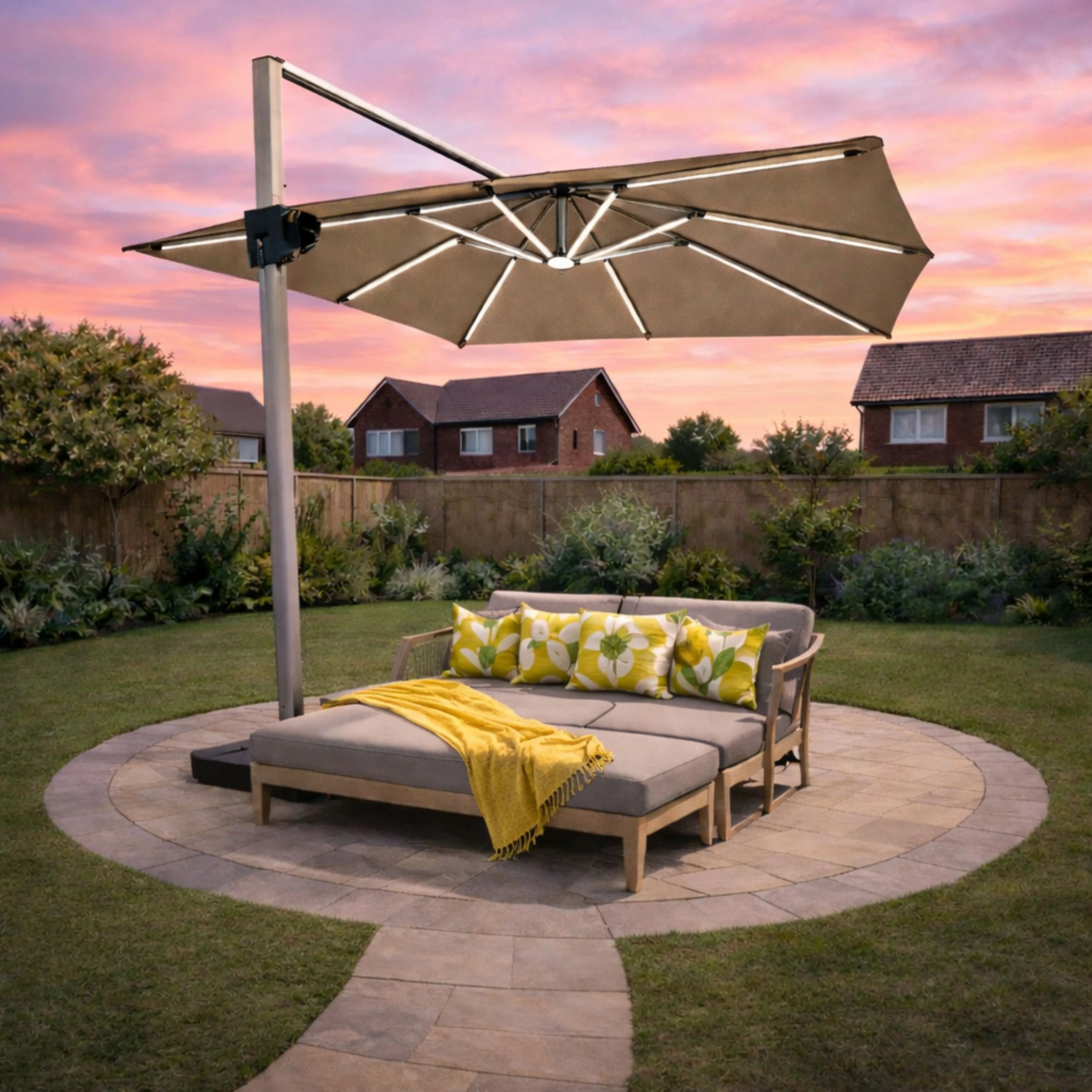 ENJOi Apex 3m x 3m LED Square Taupe Cantilever Parasol with Base - Image 2