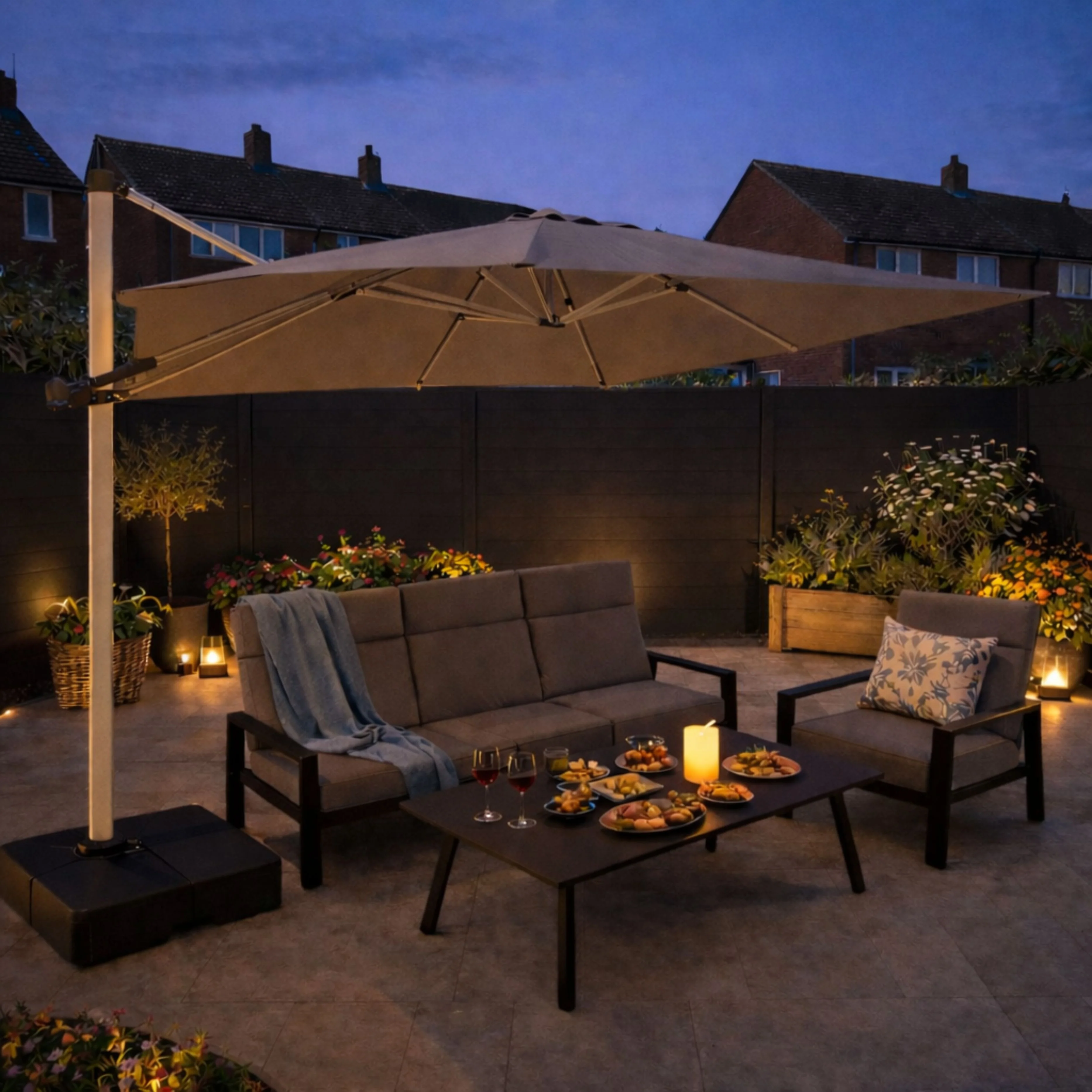 ENJOi Atlas 3m x 3m Square Taupe Cantilever Parasol with Base - Image 2