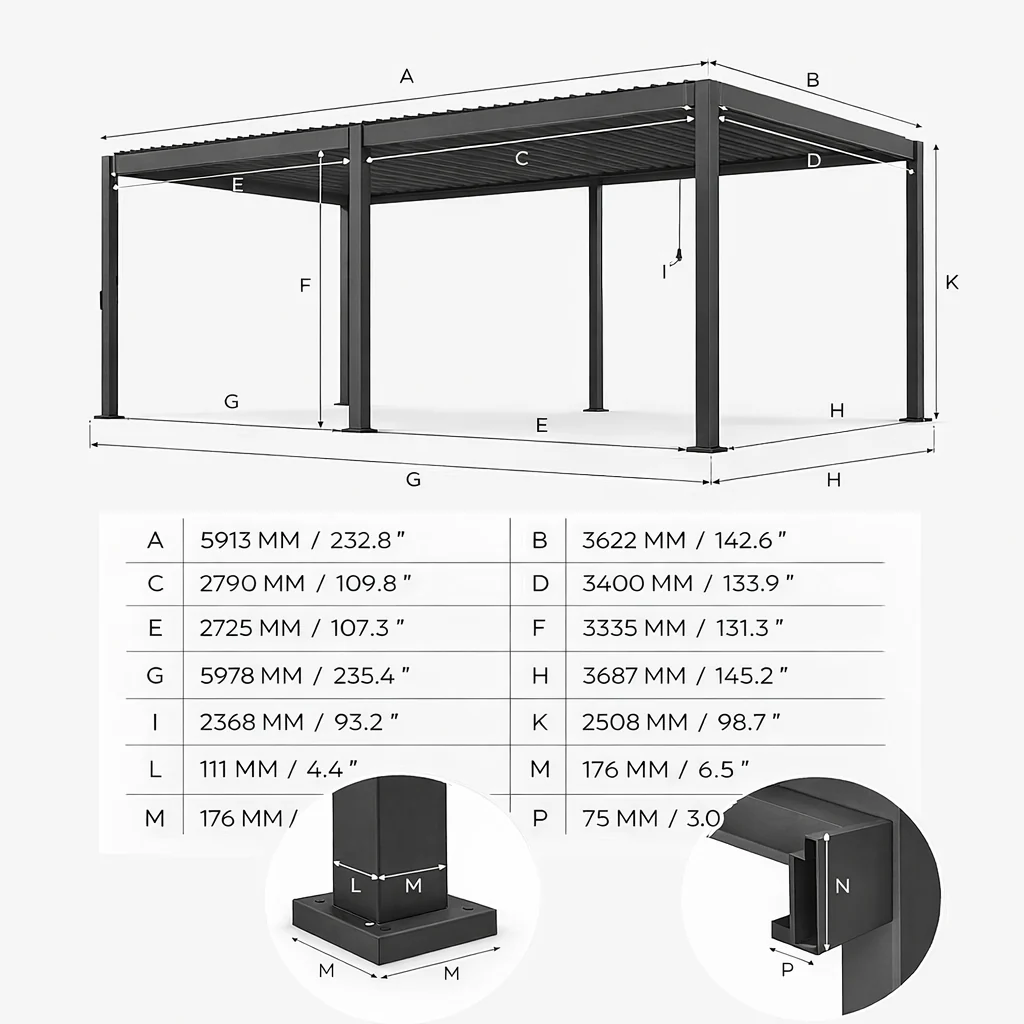 ENJOi Leo Aluminium Pergola 6m x 3.6m Rectangular Pebble - Image 2
