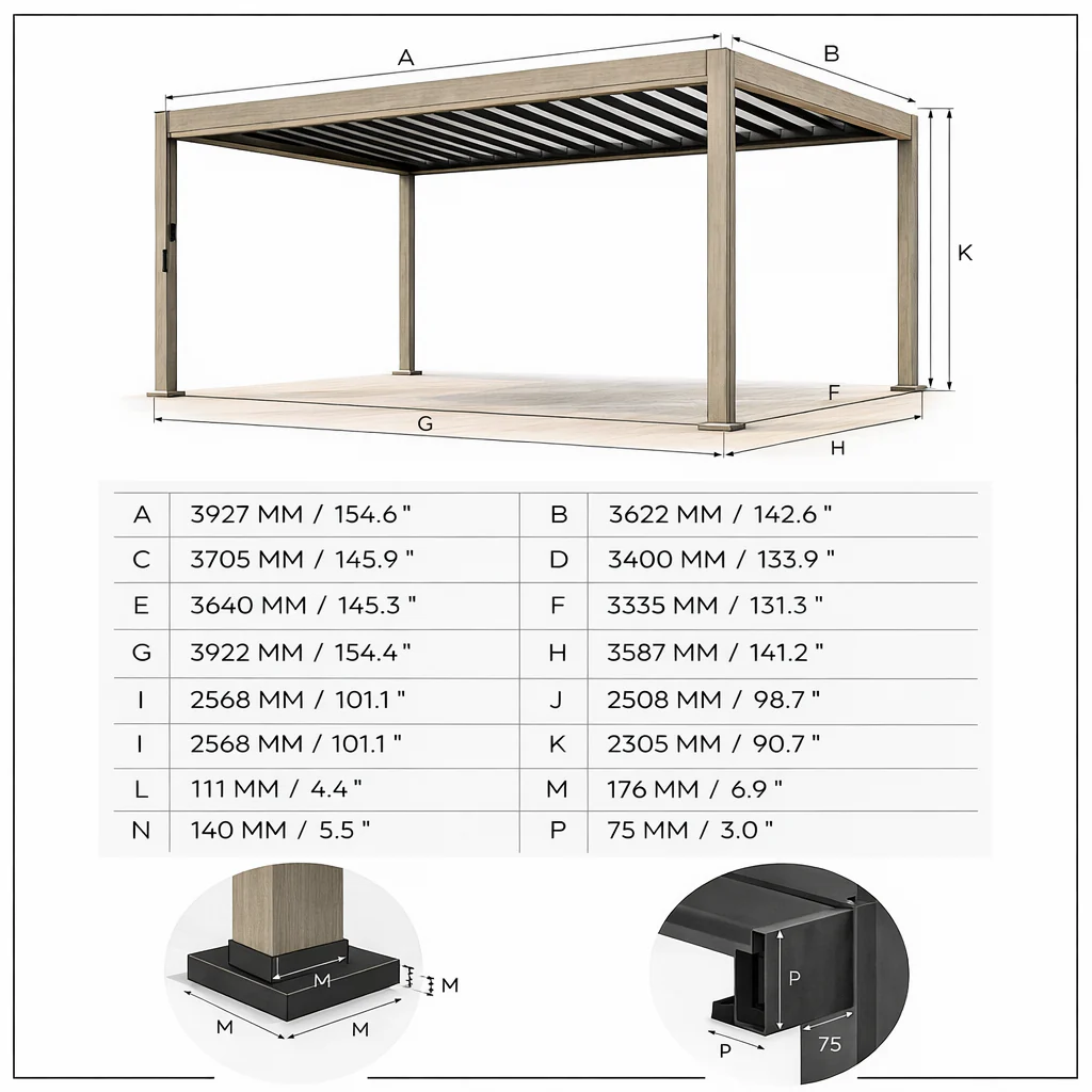 ENJOi Leo Aluminium Pergola 4.0m x 3.6m Rectangular Wood - Image 3