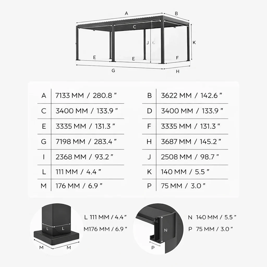 ENJOi Leo Aluminium Pergola 7.2m x 3.6m Rectangular Wood - Image 3