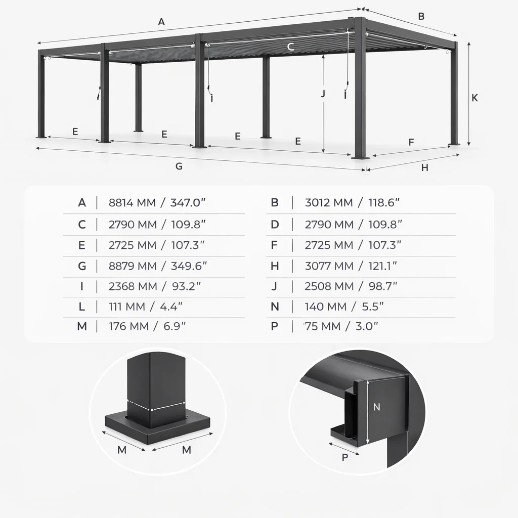 ENJOi Leo Aluminium Pergola 9.0m x 3.0m Pergola Grey - Image 3